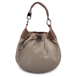 Gucci-Beige Canvas Leather Drawstring Hobo Bag Shoulder Bag Tote-Beige