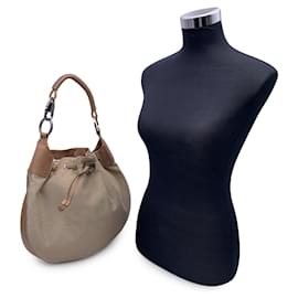 Gucci-Beige Canvas Leather Drawstring Hobo Bag Shoulder Bag Tote-Beige