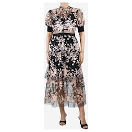 Self portrait-Black short-sleeved floral mesh midi dress - size UK 12-Black