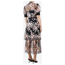 Self portrait-Black short-sleeved floral mesh midi dress - size UK 12-Black