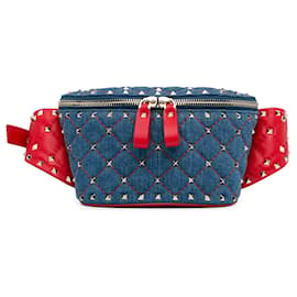 Valentino-Valentino Blue Denim Rockstud Spike Belt Bag-Blue,Other