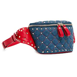 Valentino-Valentino Blue Denim Rockstud Spike Belt Bag-Blue,Other