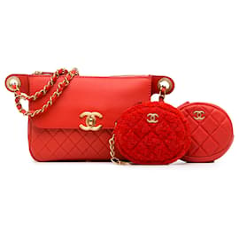 Chanel-Chanel Red CC Quilted Calfskin Flap Belt Bag and Coin Purse-Red