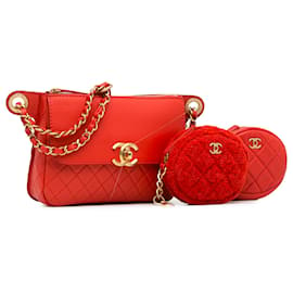 Chanel-Sac ceinture et porte-monnaie à rabat en cuir de veau matelassé CC rouge Chanel-Rouge