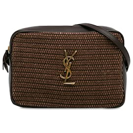 Yves Saint Laurent-Yves Saint Laurent Brown Woven Raffia and Leather Lou Camera Bag-Brown,Dark brown