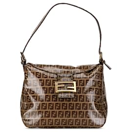 Fendi-Fendi Brown Zucchino Crystal Double Flap Shoulder Bag-Brown