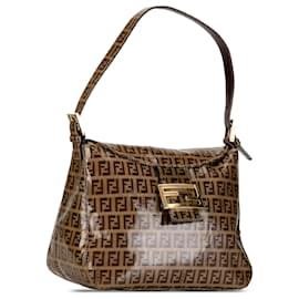 Fendi-Fendi Brown Zucchino Crystal Double Flap Shoulder Bag-Brown