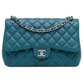 Chanel-Chanel Blue Jumbo Classic Lammfell gefütterte Klappe-Blau