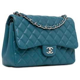 Chanel-Chanel Blue Jumbo Classic Lammfell gefütterte Klappe-Blau