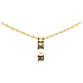 Dior-Dior Gold Logo Faux Pearl Pendant Necklace-Golden