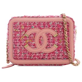 Chanel-Chanel Pochette Vanity in filigrana CC in tweed rosa con catena-Rosa