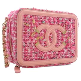 Chanel-Chanel Pink Tweed CC Filigree Vanity Clutch con cadena-Rosa