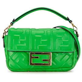 Fendi-Fendi Green Mini Embossed Zucca Baguette Satchel-Green