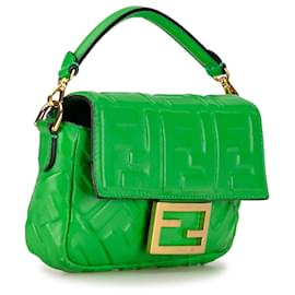 Fendi-Fendi Green Mini Embossed Zucca Baguette Satchel-Green