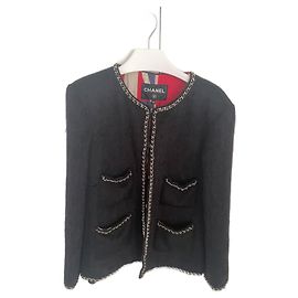RARE CHANEL 19b Black Wool Tweed Jacket with Gold Chain Trim CC Button Black