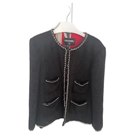 Chanel-Veste en tweed de laine noire CHANEL 19b rare avec garniture de chaîne dorée et bouton CC.-Noir