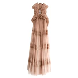 Valentino-Valentino Gold/Nude Tiered Tulle Lace Gown Dress-Golden