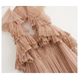 Valentino-Valentino Gold/Nude Tiered Tulle Lace Gown Dress-Golden