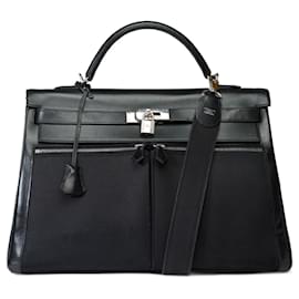 Hermès-HERMES Kelly 40 Bag in Black Canvas - 101927-Black