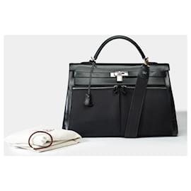 Hermès-HERMES Kelly 40 Bag in Black Canvas - 101927-Black