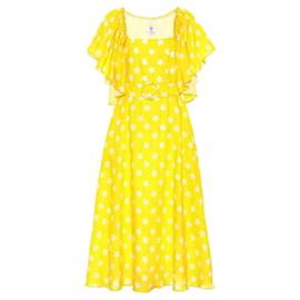 Autre Marque-Gul Hurgel Robe midi en lin ceinturée à imprimé floral jaune/blanc-Jaune