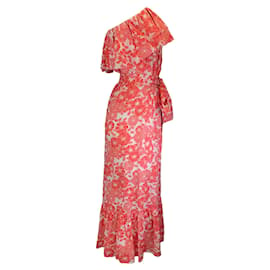 Autre Marque-Lisa Marie Fernandez Robe en lin sans bretelles à volants et imprimé floral Sabine rouge/blanc-Rouge