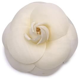 Chanel-Alfinete de broche de camélia de tecido branco vintage com flor de camélia-Branco