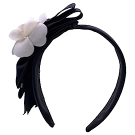 Chanel-Accessoire de cheveux vintage avec nœud en soie noire et bandeau camélia-Noir