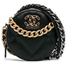 Chanel-Chanel – Runde Clutch „19“ aus schwarzem Lammleder mit Kette-Schwarz