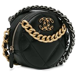 Chanel-Chanel – Runde Clutch „19“ aus schwarzem Lammleder mit Kette-Schwarz
