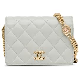 Chanel-Portefeuille en cuir d'agneau matelassé CC blanc Chanel sur chaîne-Blanc