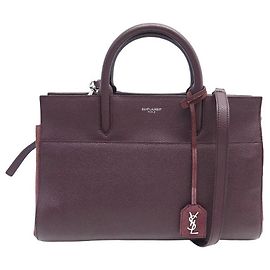 SAINT LAURENT RIVE GAUCHE HANDBAG LARGE CABAS LEATHER HAND BAG TOTE PURSE Dark red
