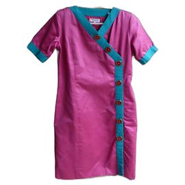 Vestido Yves Saint Laurent de Satén de Algodón Rosa con Botones Rojos Rosa Roja Azul claro