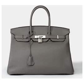 Hermès-HERMES Birkin 35 Bag in Gray Leather - 101902-Grey