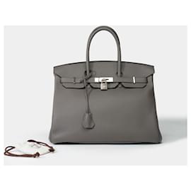 Hermès-HERMES Birkin 35 Bag in Gray Leather - 101902-Grey