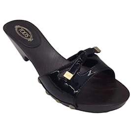 Autre Marque-Tod's Black / Gold Studded Wood Heel Patent Leather Slide Sandals-Black