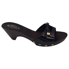 Autre Marque-Tod's Black / Gold Studded Wood Heel Patent Leather Slide Sandals-Black