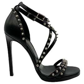 Autre Marque-Saint Laurent Black Leather Silver Studded Strappy Sandals-Black