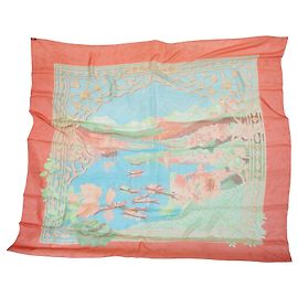 Hermès Lenço de seda Hermes Le Fleuve Sacre Motif Peach & Multicolor Laranja