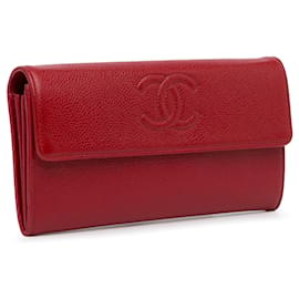 Chanel-Carteira Longa Chanel CC Caviar Vermelha-Vermelho