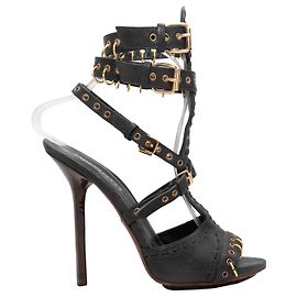 Black Emilio Pucci Grommet-Accented Cage Heeled Sandals Size 38 Black