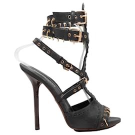 Emilio Pucci-Black Emilio Pucci Grommet-Accented Cage Heeled Sandals Size 38-Black