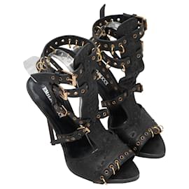 Emilio Pucci-Black Emilio Pucci Grommet-Accented Cage Heeled Sandals Size 38-Black