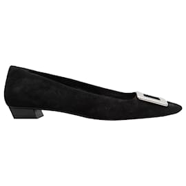 Roger Vivier-Black Roger Vivier Suede Square-Toe Buckle Flats Size 39-Black