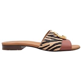 Chloé-Tan & Black Chloe Zebra Print Ponyhair Slide Sandals Size 37.5-Camel