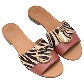 Chloé-Tan & Black Chloe Zebra Print Ponyhair Slide Sandals Size 37.5-Camel