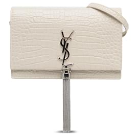 Saint Laurent-White Saint Laurent Small Embossed Kate Tassel Wallet on Chain Crossbody Bag-White