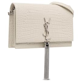 Saint Laurent-White Saint Laurent Small Embossed Kate Tassel Wallet on Chain Crossbody Bag-White
