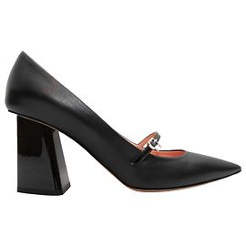 Black Rochas Leather Pointed-Toe Mary Jane Pumps Size 40 Black