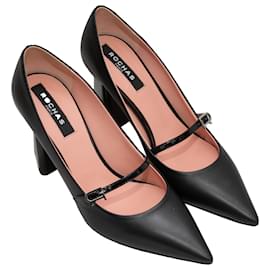 Rochas-Black Rochas Leather Pointed-Toe Mary Jane Pumps Size 40-Black